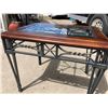 Image 4 : VINTAGE SQUARE GLASS TOP SIDE TABLE WITH A DARK WOOD FRAME AND WROUGHT IRON BASE