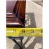 Image 6 : VINTAGE SQUARE GLASS TOP SIDE TABLE WITH A DARK WOOD FRAME AND WROUGHT IRON BASE