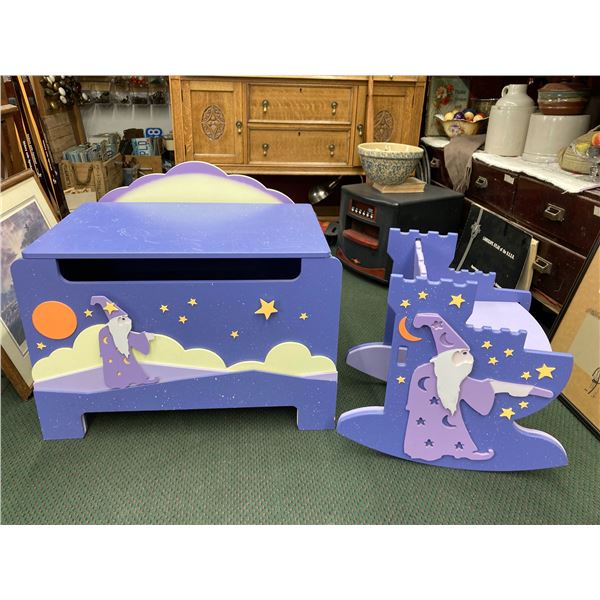 PURPLE FANTASY FIELDS WIZARD AND OUTER SPACE THEMED TOY CHEST AND CHILD'S ROCKING CHAIR