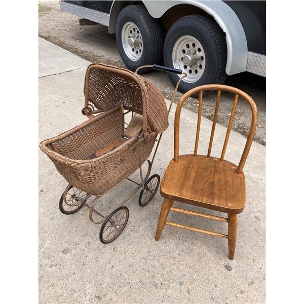 DOLL BUGGY AND WOODEN CHAIR