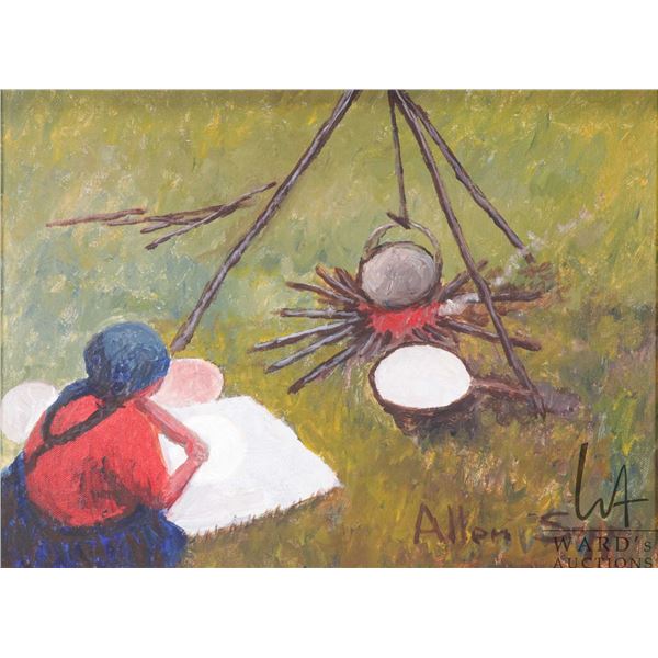 Allen Sapp, framed acrylic on canvas painting, Nokum making bannock, 12" X 16". Note: Artwork & fram