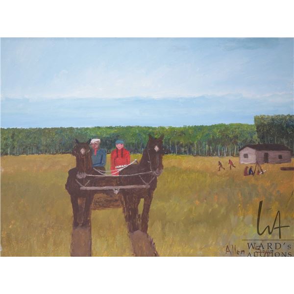 Allen Sapp, framed acrylic on canvas painting, Going to town on buck board, 24" X 18". Note: Artwork