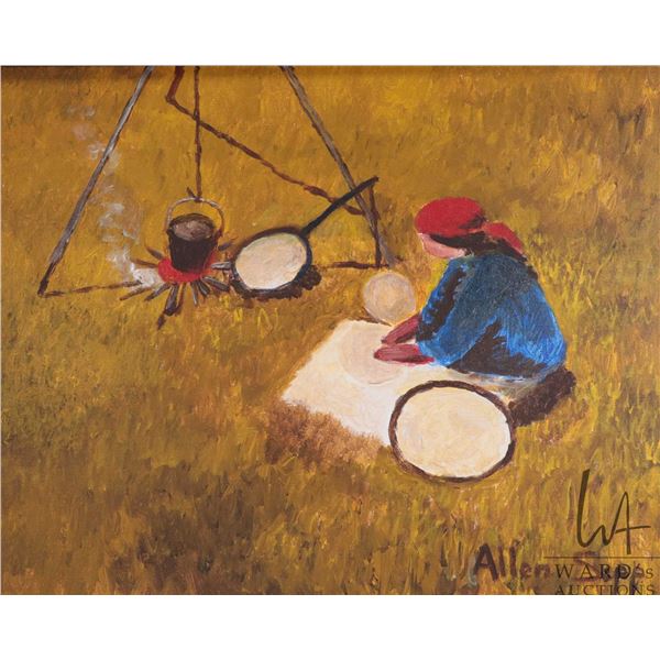 Allen Sapp, framed acrylic on canvas painting, Nokum making bannok, 20" X 16". Note: Artwork & frame