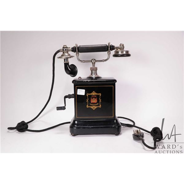 1920's Danish Jydsk Telefon Aktieselskab hand crank telephone with black enamel finish, gold trim, a