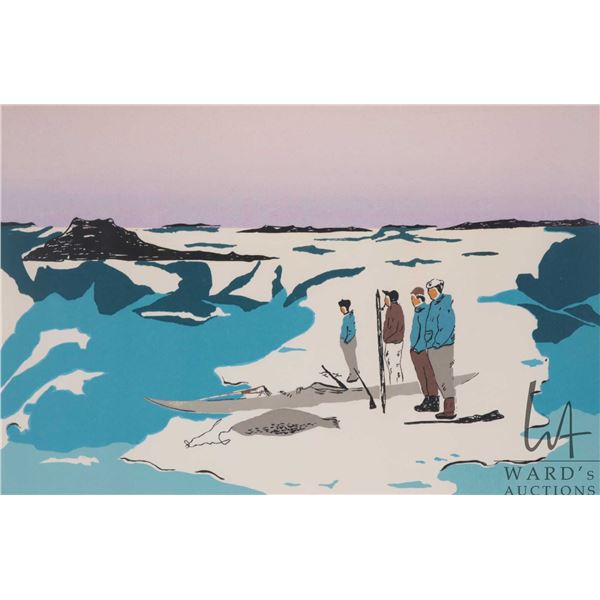 Emil Rosing, framed artist proof lithograph of a seal hunting party, pencil signed by artist, A 17, 