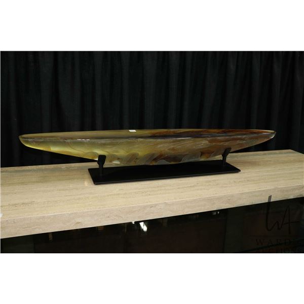 Steven Maslach, cast glass, custom made, commissioned sculpture titled "Amber Longboat", 6.25" H X 4