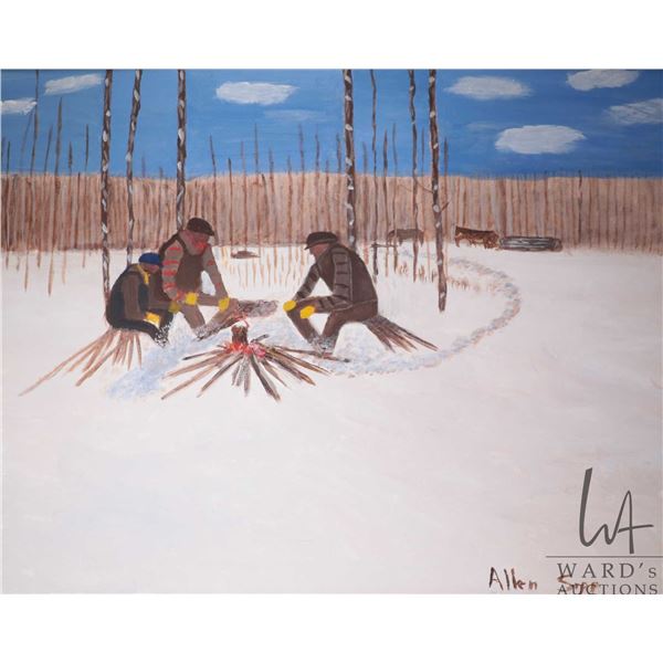 Allen Sapp, framed acrylic on canvas painting, Cutting wood/ coffee time, 24" X 30"