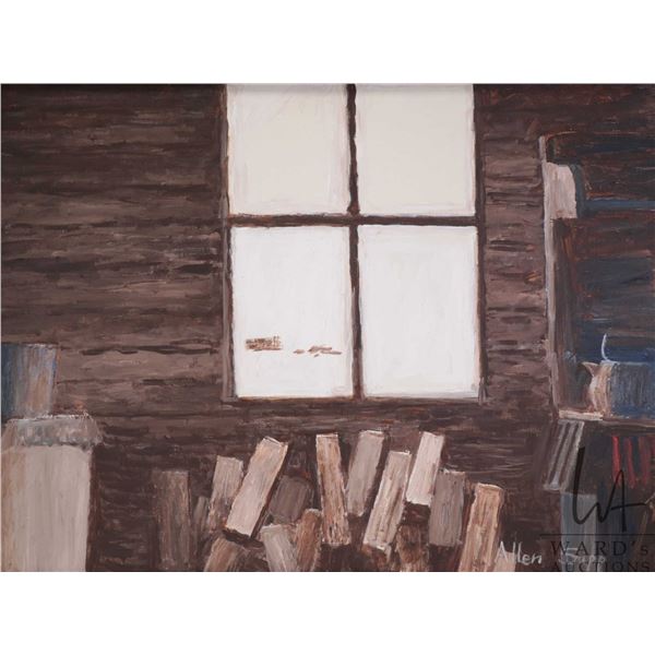 Allen Sapp, framed acrylic on canvas painting, titled on verso " Inside My House Looking Out", 24" X