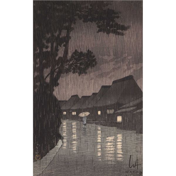 Kawase Hasui, vintage Japanese woodblock print, titled "Rain in Maekawa, Soshu", overall dimensions 