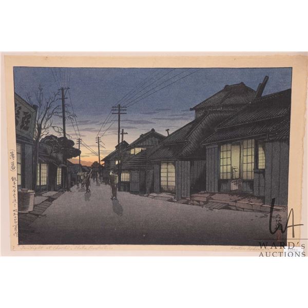 Koitsu Ishiwata, vintage Japanese woodblock print, titled "Twilight AT Choshi, Chiba Prefecture" ove