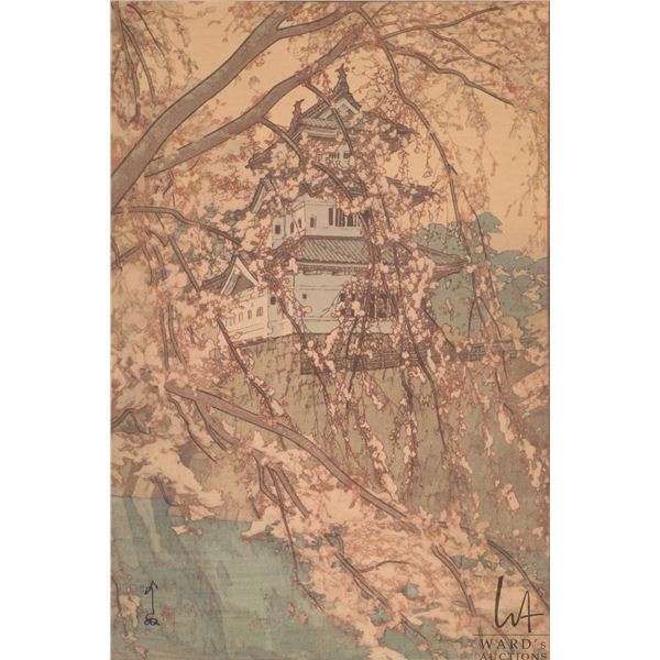 Hiroshi Yoshida, vintage Japanese woodblock print, titled "Hirosaki Castle", overall dimensions incl