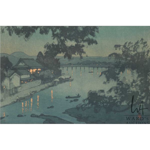 Hiroshi Yoshida, vintage Japanese woodblock print, titled " Evening on the Chikugo River", overall d