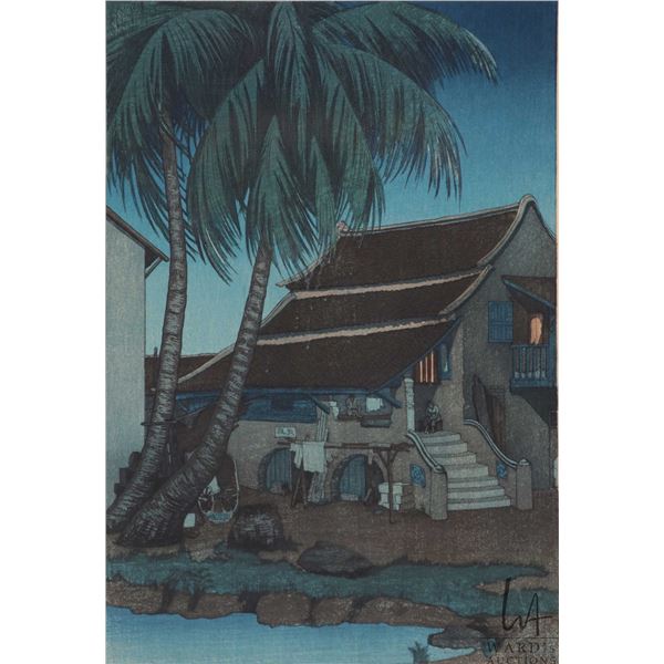Elizabeth Keith, vintage Japanese woodblock print, titled "Old House, Malacca", overall dimensions i