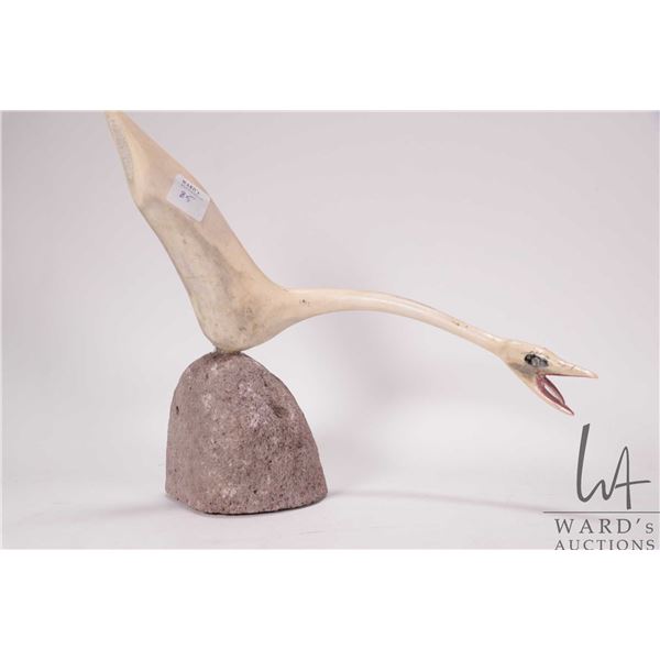 Inuit carved antler bird on stone base 9 1/4" H X 12" L