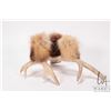 Image 1 : Three hand crafted sealskin Ookpik owls on antler platform, 5" H X 10" L