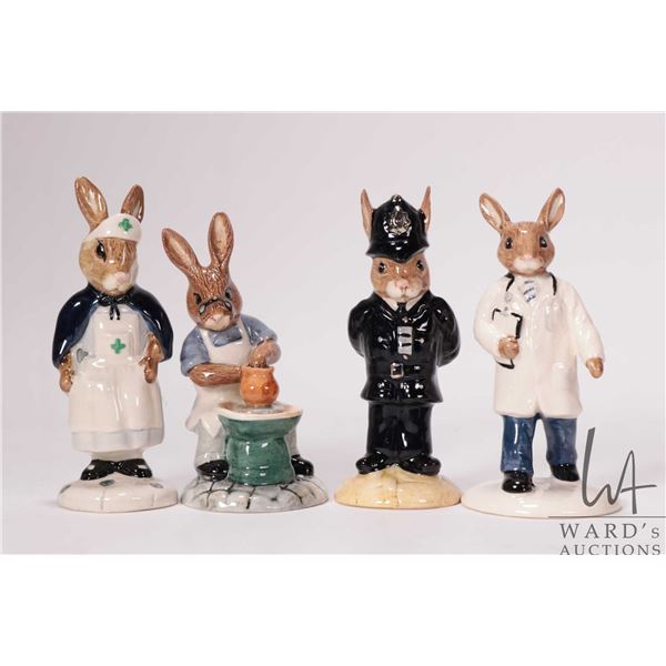 Four Royal Doulton Bunnykins figurines including Master Potter, Nurse, Doctor and Policeman