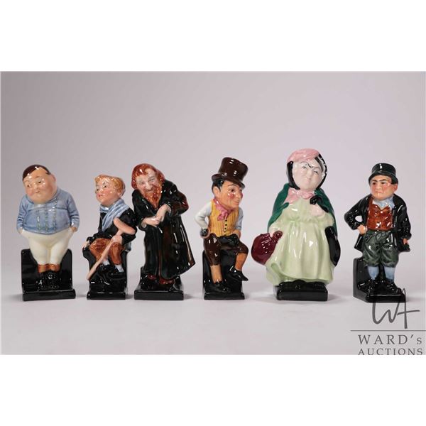 Six Royal Doulton small figurines including Sairy Gamp, Fat Boy, Bill Sykes, Fagin, Tiny Tim and Sam