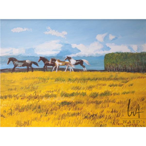 Allen Sapp, birch wood framed acrylic on canvas painting, Wild horse, 24" X 18"