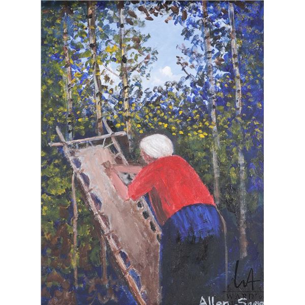 Allen Sapp, framed acrylic on canvas painting, Nokum tanning a hide, 12" X 16", note: includes a pho