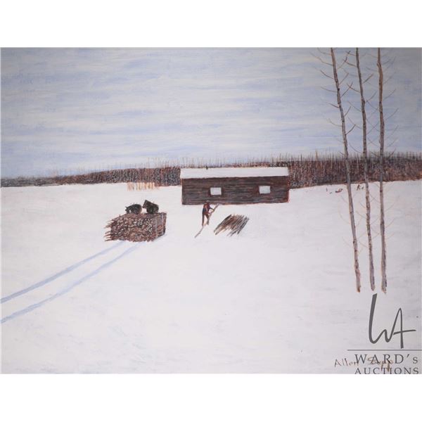Allen Sapp, framed acrylic on canvas painting, Bringing home a load of wood, 24" X 30"
