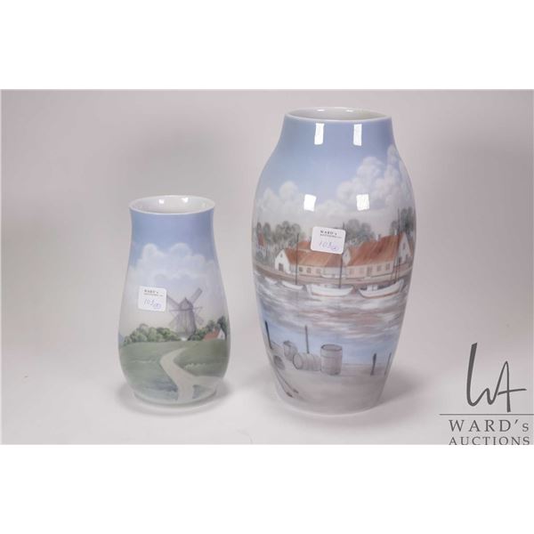 Two hand painted Royal Copenhagen vases including 9 1/2" no. 550-5243 and 7" no.525-5210