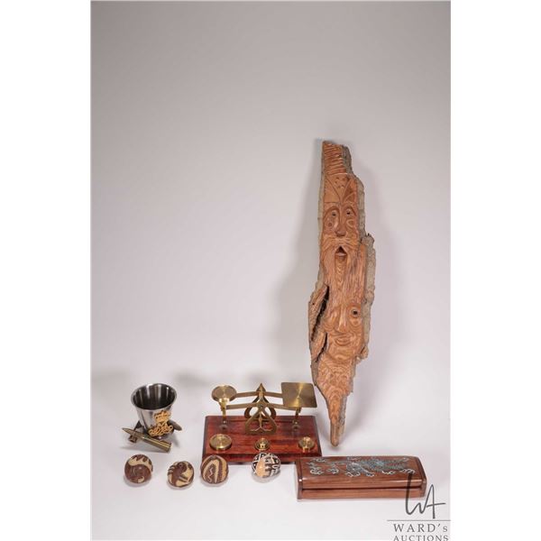 Tray lot of collectibles including vintage brass balance scale, trio of carved nuts, carved soapston