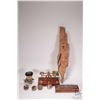 Image 1 : Tray lot of collectibles including vintage brass balance scale, trio of carved nuts, carved soapston