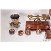 Image 2 : Tray lot of collectibles including vintage brass balance scale, trio of carved nuts, carved soapston