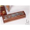 Image 5 : Tray lot of collectibles including vintage brass balance scale, trio of carved nuts, carved soapston
