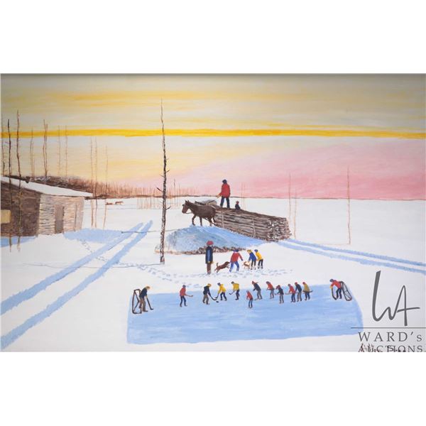 Allen Sapp, framed acrylic on canvas painting, Hockey Night in Canada, 24" X 36"