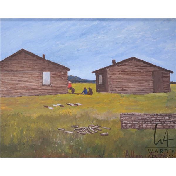 Allen Sapp, oak framed acrylic on canvas painting, Relaxing between houses, 20" X 16"