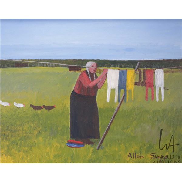 Allen Sapp, framed acrylic on canvas painting, Nokum washing clothes, 20" X 16"