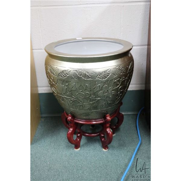 Glazed gold Asian ceramic planter with wooden plinth, 14" in diameter and 17 1/2" in height includin