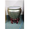 Image 1 : Glazed gold Asian ceramic planter with wooden plinth, 14" in diameter and 17 1/2" in height includin