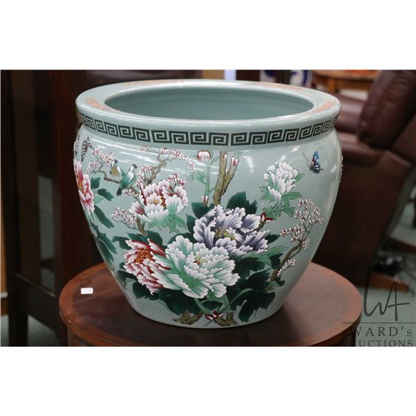 Large Chinese glazed ceramic fish bowl with hand painted florals, birds and insects, 16" in diameter