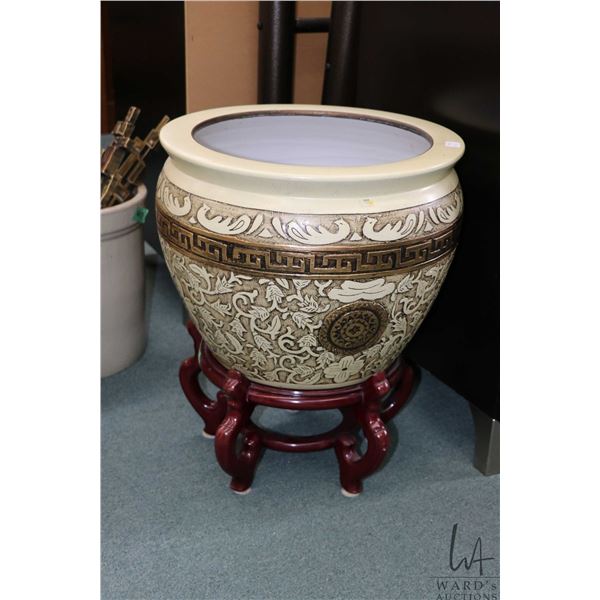 Asian ceramic planter/ jardinere with wooden plinth, 16" in diameter and 19 1/2" in height