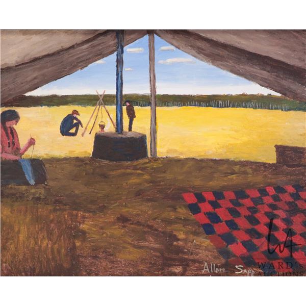 Allen Sapp, framed acrylic on canvas painting, Tent with red and black blanket, 20" X 16"