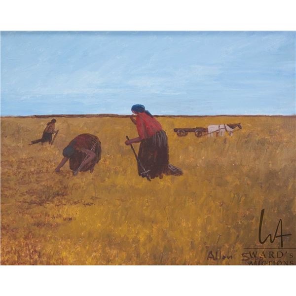 Allen Sapp, framed acrylic on canvas painting, Nokum picking senaca root, 20" X 16", dated 2000 on v