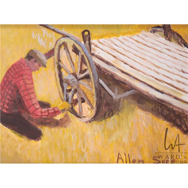 Allen Sapp, framed acrylic on canvas painting, titled on verso "Fixing the Wheel", 12" X 16"