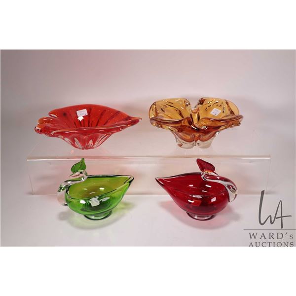 Four pieces of MCM art glass including two swans with applied colourless necks, an amber glass and a