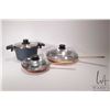 Image 1 : Two Culinox copper and zinc skillets with brass handles and fitted Pyrex glass lids including 7" and