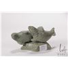 Image 1 : Inuit hand carved, green serpentine soapstone figure featuring two seals, signed by artist in syllab