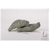 Image 3 : Inuit hand carved, green serpentine soapstone figure featuring two seals, signed by artist in syllab