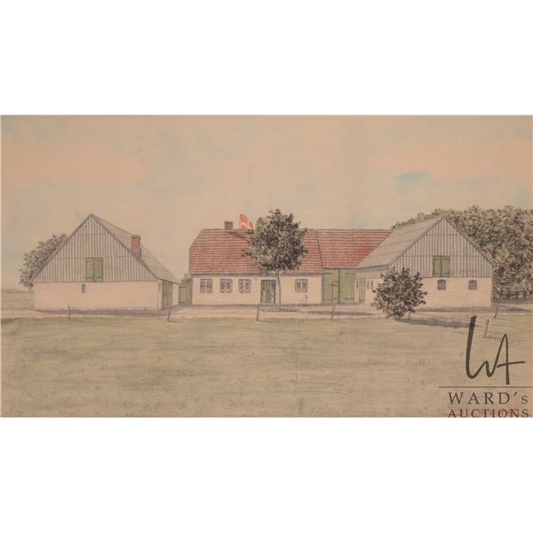 Juhlke, framed coloured pencil drawing of a cottage or farm house, overall dimensions including fram
