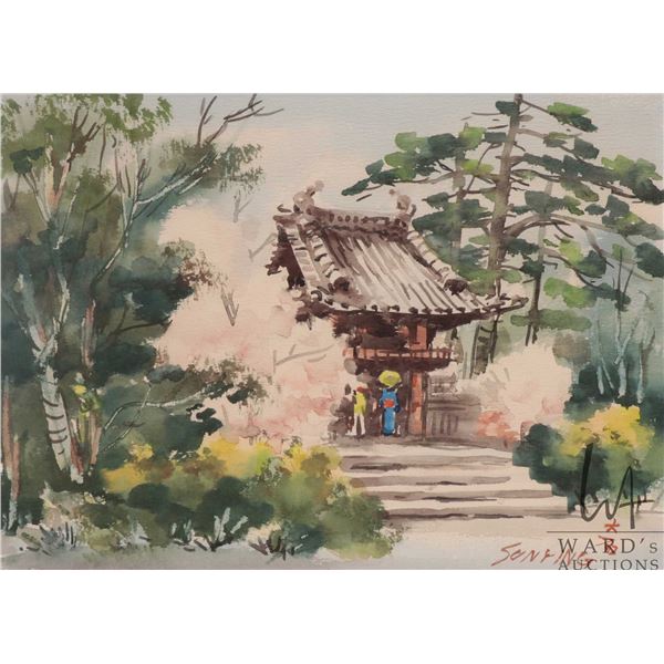 Sun Ying, gilt framed ink and watercolour painting of an Asian pavillion or village house, 10 1/4" X