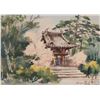 Image 1 : Sun Ying, gilt framed ink and watercolour painting of an Asian pavillion or village house, 10 1/4" X
