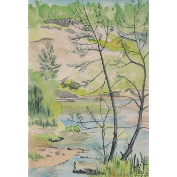 E. Mundy, framed watercolour painting of a ravine, 10" X 7"