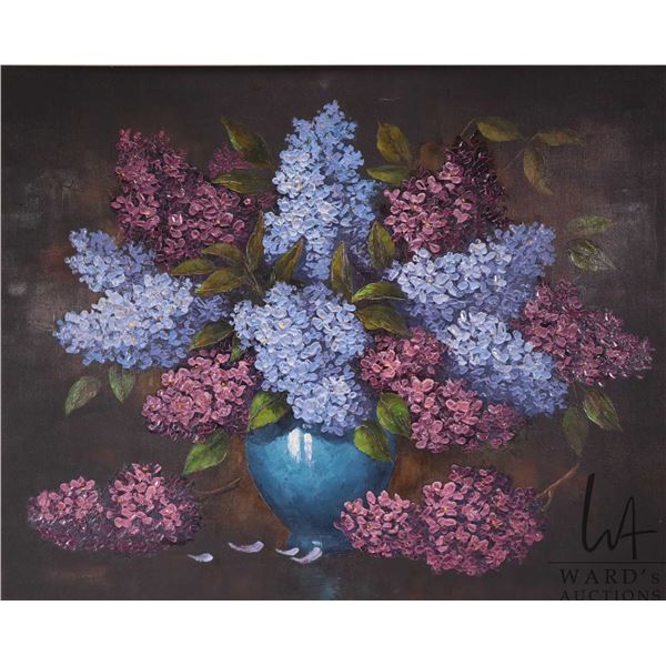 Unidenitified artist, gilt framed oil on canvas still-life lilacs, no signature seen, 21 1/2" X 28"