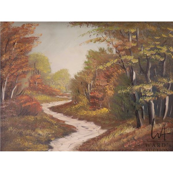 Unidentified artist, framed oil on massonite painting of a ravine in autum, no artist signature seen