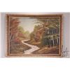 Image 2 : Unidentified artist, framed oil on massonite painting of a ravine in autum, no artist signature seen